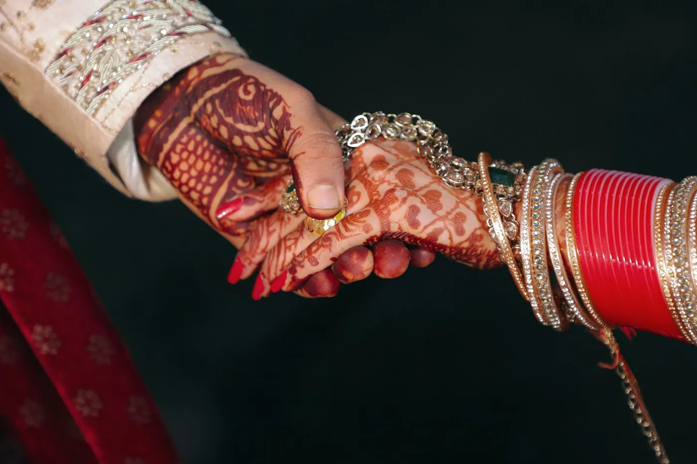 Hands with bridal henna and bangles held together